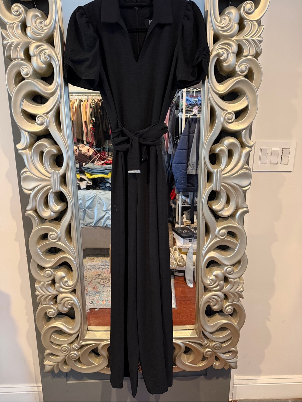 BNWOT DKNY Puff Sleeve Tie-Waist Wide Leg Jumpsuit Black 06